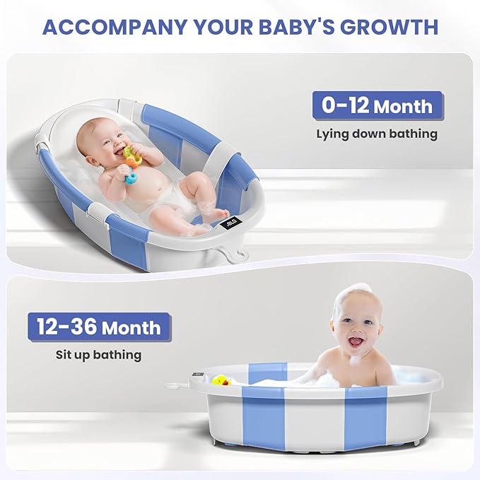 Collapsible Baby Bathtub, Baby Tubs for Newborns with Soft Cushion & Thermometer & Toy Organizer Mesh Bag, Infant Bathtub to Toddler 0-36 Months, Portable Travel Newborn Baby Bathtubs (Blue)