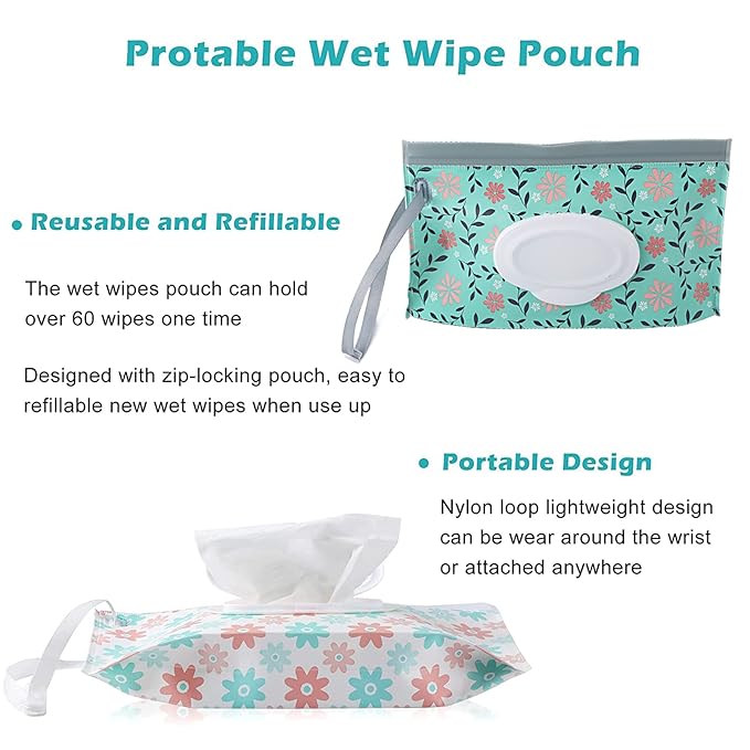 FEBSNOW 6 Pack Baby Wipes Dispenser, Portable Refillable Wipe Holder, Baby Wipes Container, Reusable Wipes Case, Baby Travel Wet Wipes Pouch