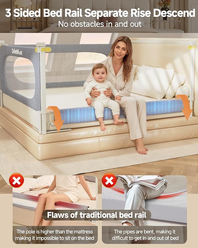 3-Piece Queen Size Bed Rail for Toddlers, Baby Bed Rail Guard with Height Adjustable, Kids Safety Toddler Bed Rail for Queen Size Bed (78.7"x78.7"x59"- Grey).