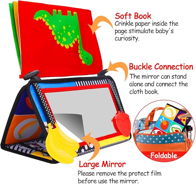 Tummy Time Baby Mirror Infant Toys Newborn 0 3 Months Brain Development with Crinkle Cloth Book Teether Black and White High Contrast Baby Toys 2 4 5 0-6 Month Boys Girls Sensory Activity Shower Gifts