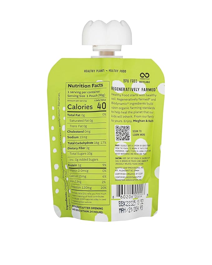 White Leaf Provisions Organic Purees / Baby Food Pouches - Fruits, Veggies & Grains, Toddler snack, Regeneratively Farmed, No Added Sugar, Non-GMO, BPA-Free Pouches 3.17 oz (Pack of 24, Pear + Banana + Kiwi)