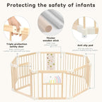 Foldable Wooden Baby Playpen Activity Center,Adjustable Size & Shape Portable Play Yard, Baby Fence Play Area with Gate for Indoor Use for Babies and Toddlers(56x56x24inches)