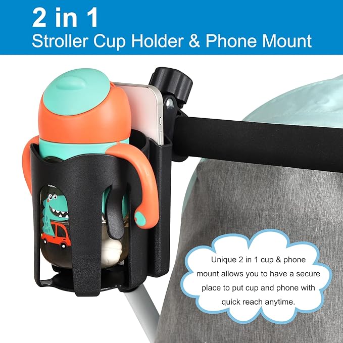 Accmor Stroller Cup Holder with Phone Holder, Universal Cup Holder, Bike Cup Holder, 360° Rotatable Large Caliber Drinks Holder for Stroller, Bike, Wheelchair, Walker