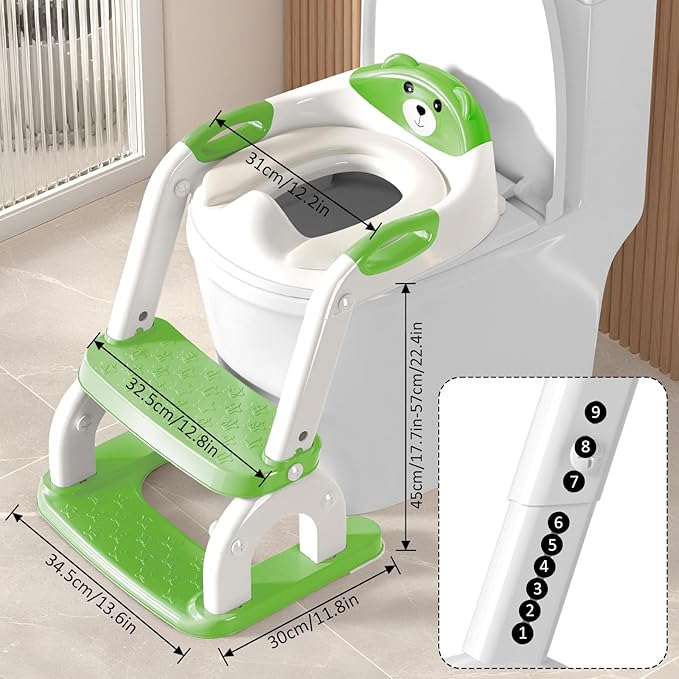 DEEKI Potty Training Seat Upgrade 2 in 1 Toddler Training Toilet Chair Potty Seat with Step Stool Ladder for Baby Kids Boys Girls(Green)
