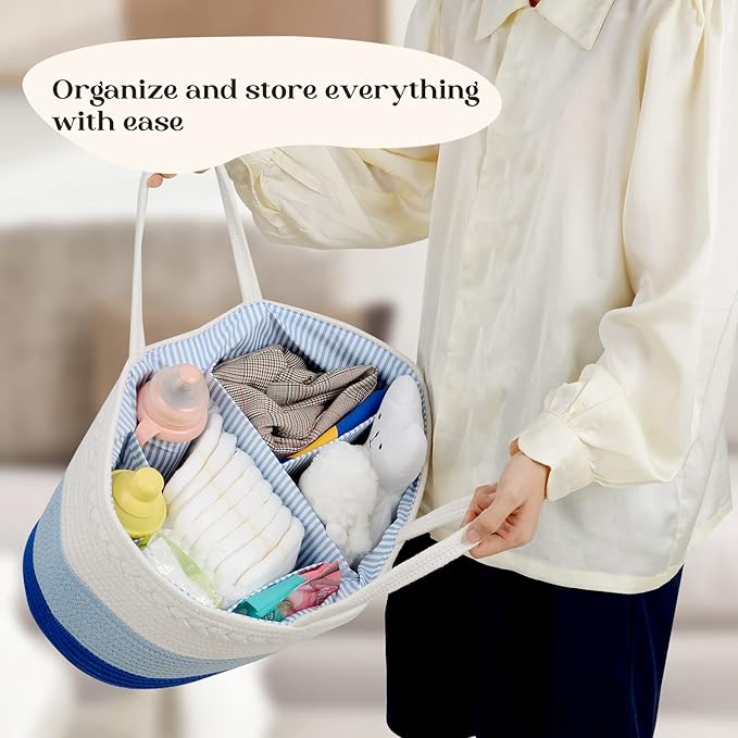 Baby Diaper Caddy Organizer, Extra Large Cotton Rope Nursery Diaper Basket, Changing Table Organizer, Portable Tote Bag with Divider, Car Storage, Baby Shower Gifts for Newborn Boys - Blue