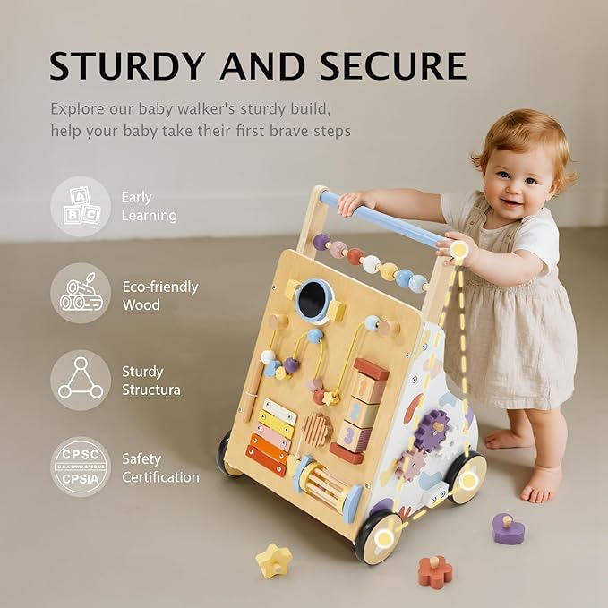 Frogprin Wooden Baby Walker, Baby Push Walker, Montessori Walker Toy for Babies 12M+ Learning to Walk & Sit-to-Stand, Adjustable Speed Walkers for Boys, Baby Activity Center with Sensory Toy for Girls