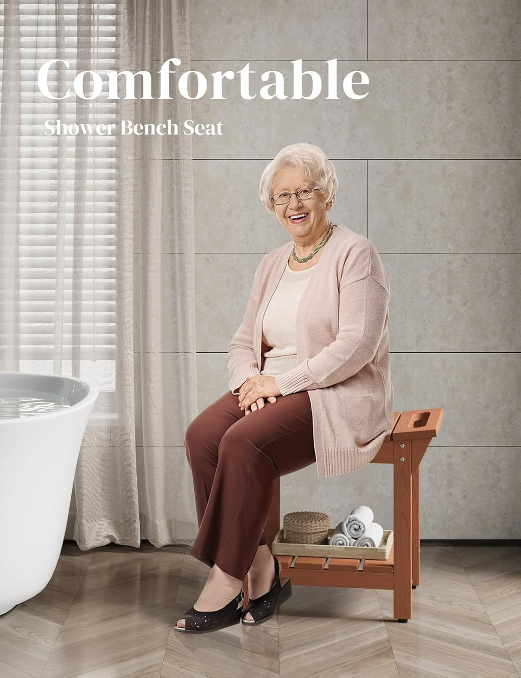 Waterproof Shower Bench, Poly Lumber Shower Stool for Shaving Legs, Shower Chair Seat with Storage Shelf and Handles, Bathroom Bench for Inside Shower, Non-Slip (Brown)