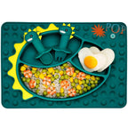 Silicone Toddler Dinosaur Feeding Placemat Set With Spoon and Forks, Baby Push Pop Bubble Suction Divided Plate Utensils, Kids Led Weaning Dish - Bubble Blue Dinosaur