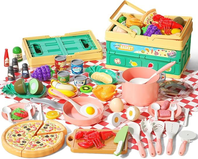 80pcs Pretend Play Kitchen Set for Toddlers, Kids Cookware Playset with Pots/Pans/Food/Fruits/Vegetables/Picnic Blanket/Storage Basket, Pink Educational Learning Toy Gift for Boys & Girls