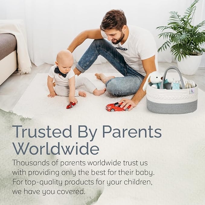 KiddyCare Woven Diaper Caddy Organizer, Large Gray Multi Functional Portable Baby Basket with Handle, Baby Gift for Boy/Girl Nursery Storage, Organization, and Modern Car Diaper Caddy Gray X-Large