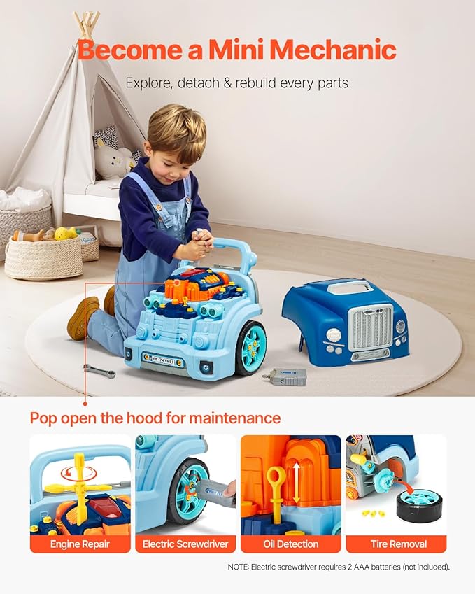 VEVOR Engine Toy, 60 Pieces, Kids Mechanic Car Repair Set with Removable Parts, Lights and Sounds, Steering Wheel and Horn, Kids Mechanic Workshop Set for Toddler Ages 3 Years and Up, Blue
