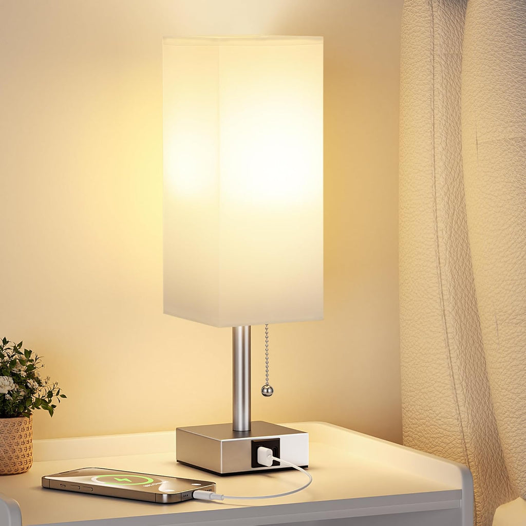 White Small Lamp for Bedroom - 3 Color Temperature 3000K 5000K 4000K Bedside Lamp, Pull Chain Control, USB A and C Charging Ports, Silver Base, for Kids Office Dorm nightstand, Bulb Included
