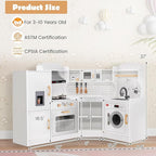 Costzon Corner Kids Kitchen Playset, Wooden Play Kitchen with Sounds & Lights, Washing Machine, Range Hood, Ice Maker, Microwave, Oven, Sink, Pretend Toy Kitchen Set for Toddler, Gift for Boys Girls