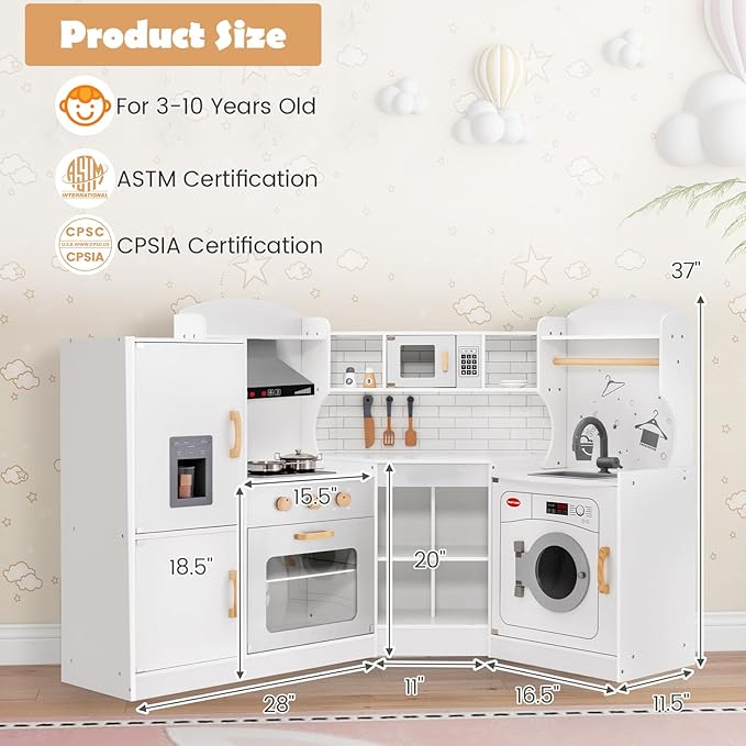 Costzon Corner Kids Kitchen Playset, Wooden Play Kitchen with Sounds & Lights, Washing Machine, Range Hood, Ice Maker, Microwave, Oven, Sink, Pretend Toy Kitchen Set for Toddler, Gift for Boys Girls