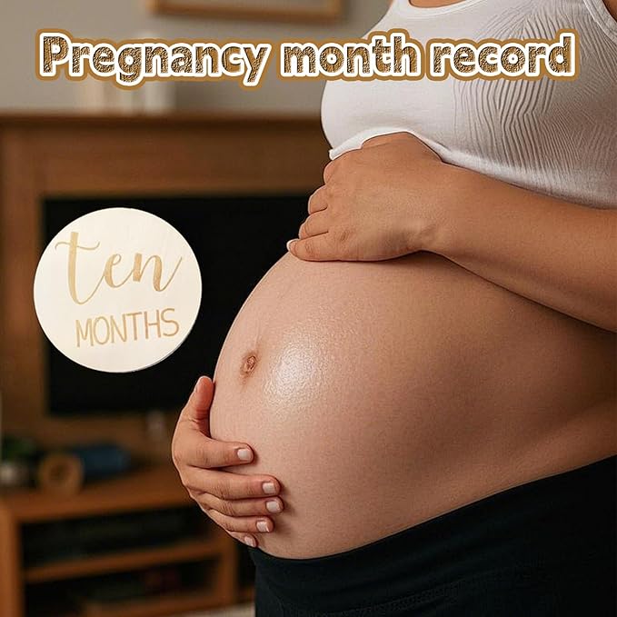 12PCS Baby Announcement Sign and Monthly Baby Milestone Set,Wooden Babys Monthly Milestone Classic Cursive Script, Hello World Newborn Sign with Ink Pad for Babys Photo Props