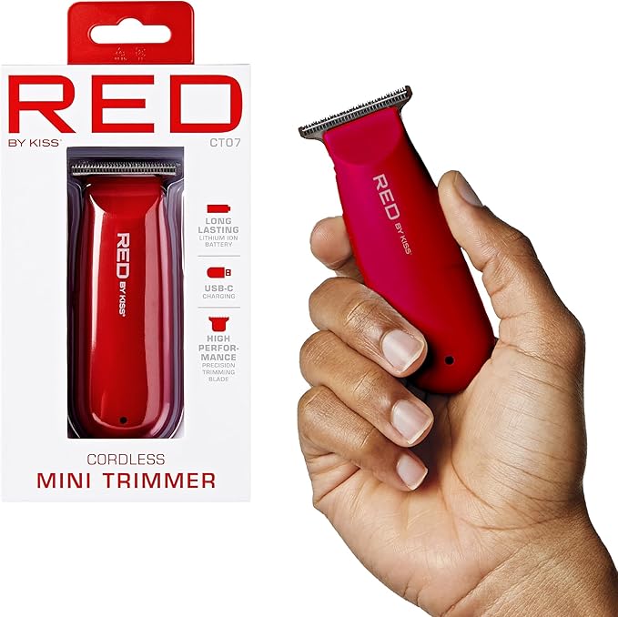 Red by Kiss Hair Clipper, Mini Cordless Hair Trimmer, Long Lasting Hair Cutting Kit, USB-C Rechargeable Haircut Beard Trimming Clippers for Men Women Kids, Portable Grooming Kit (Red)