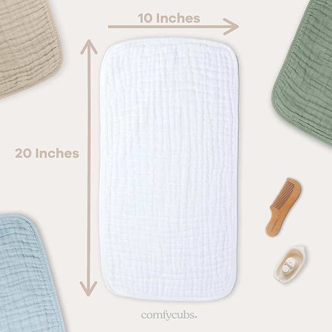 Comfy Cubs Muslin Burp Cloths 20" x 10", Pack of 10 - Large, 6-Layer, Ultra Absorbent 100% Cotton for Baby Drool and Messes - Soft, Safe & Gentle Baby Burp Cloths for Boys & Girls - White