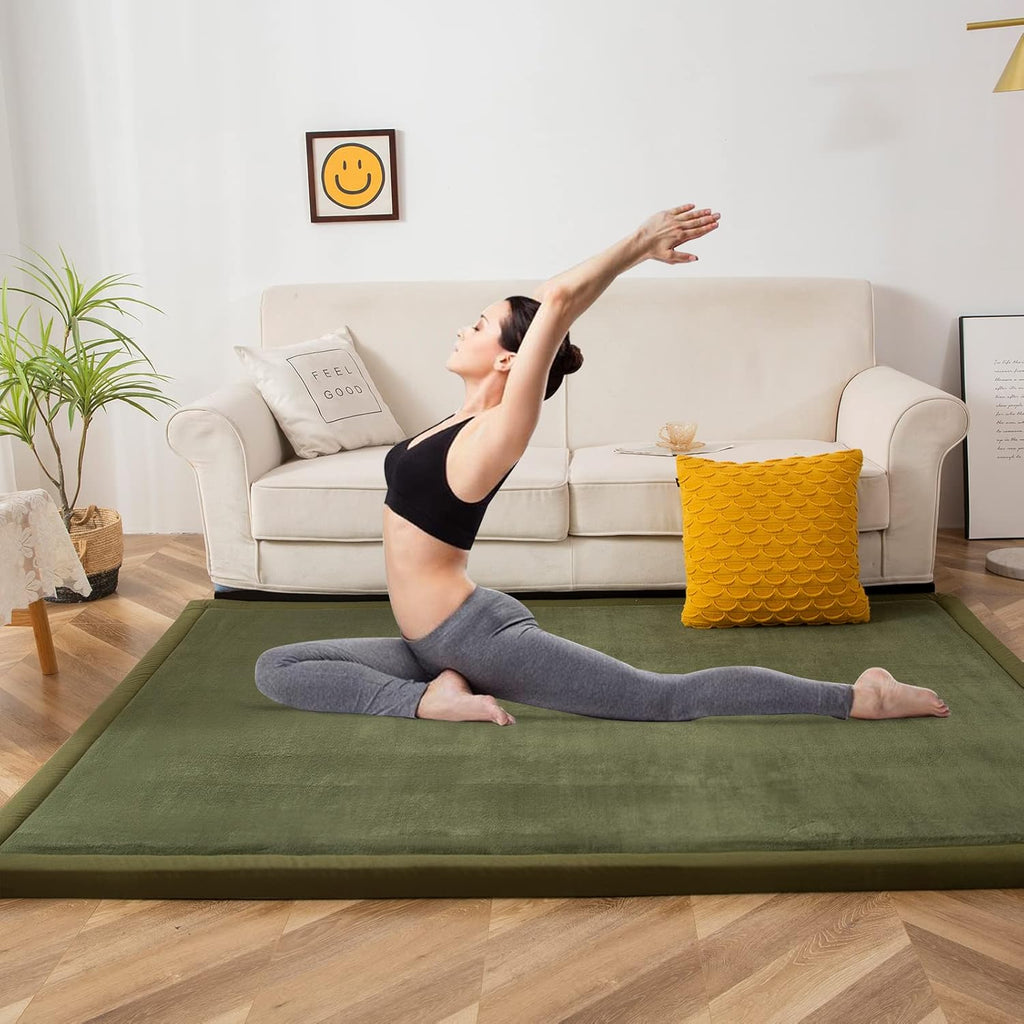 MAXYOYO Coral Velvet Area Rug, Thick Japanese Tatami Mat Living Room Carpet with Non-Slip Backing, Large Solid Color Mat for Bedroom Dormitory Yoga, Olive Green, 59"x 78"
