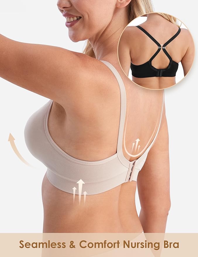 HOFISH Maternity Nursing Bras for Breastfeeding, 3 Pack Pregnancy Deep V Neck Wireless Bra with Extenders & Clips