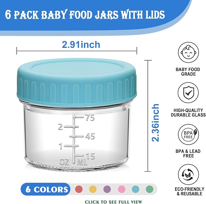 Accguan 6 Pack Glass Baby Food Storage Containers, 4 oz Baby Food Jars with Lids, Baby Food Maker for Microwave & Dishwasher Freezer Safe,BPA Free
