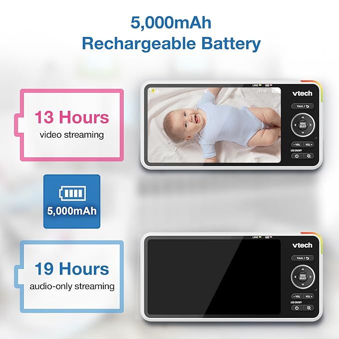 VTech Smart WiFi Baby Monitor, 2K CMOS Sensor Camera, 5.5-inch HD IPS Screen, Clear Infrared Night Vision, Pan-Tilt, 24x Zoom, 2-Way Talk, Multi-Color Night Light, Soothing, Free App: Smart HD Plus