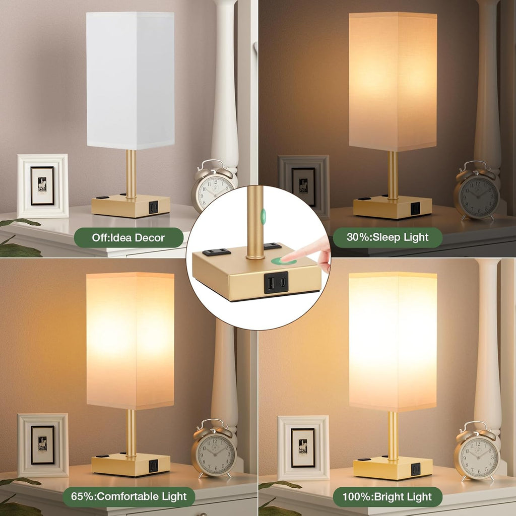 Gold Base Touch Lamps Set of 2 - Nightstand Lamp with USB-C + A Charge Ports & AC Outlets, 3-Way Dimmable Bedside Lamp, Small Table Lamp Light for Bedroom (Bulb Included)