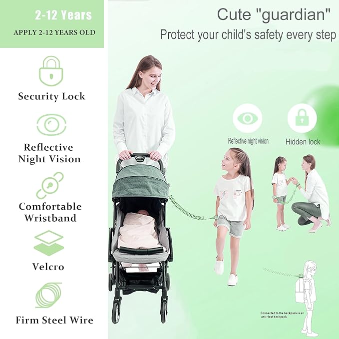Toddler Harness Walking Leash- Child Anti Lost Wrist Link - Child Safety Harness - Upgrade with Reflective(6.5ft) - for Boys and Girls,Not Easy to Open Without Key (Green)