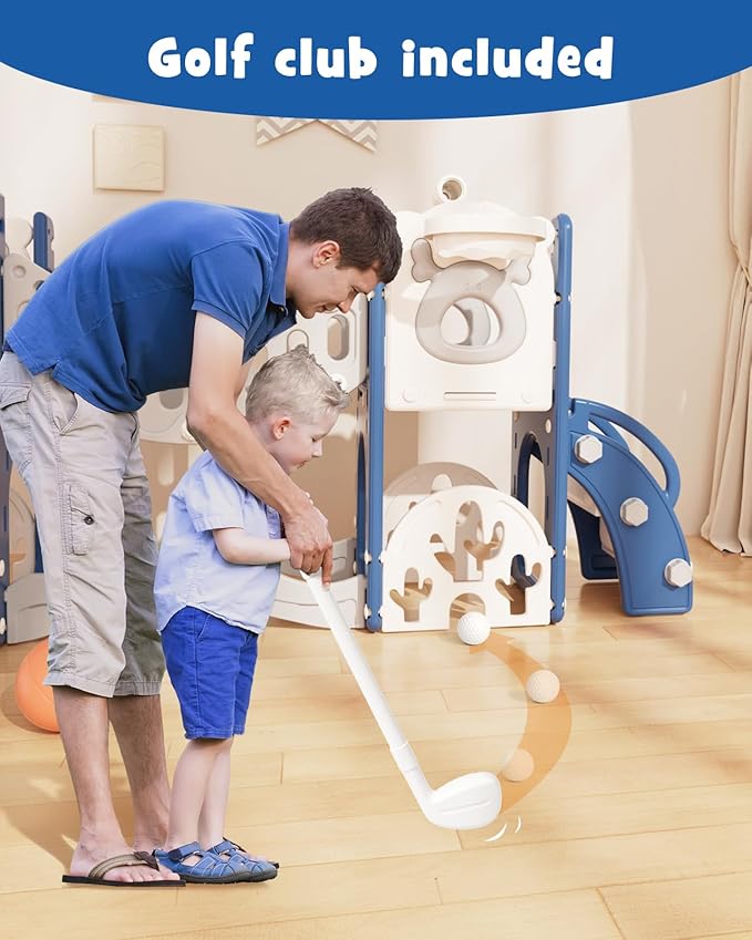 YUFU Toddler Slide Set, 11 in 1 Kids Slide for Toddlers 1-3, Toddler Playset with Climbing Bridge, Golf Set, Basketball Hoop, Indoor Outdoor Playground (Blue)