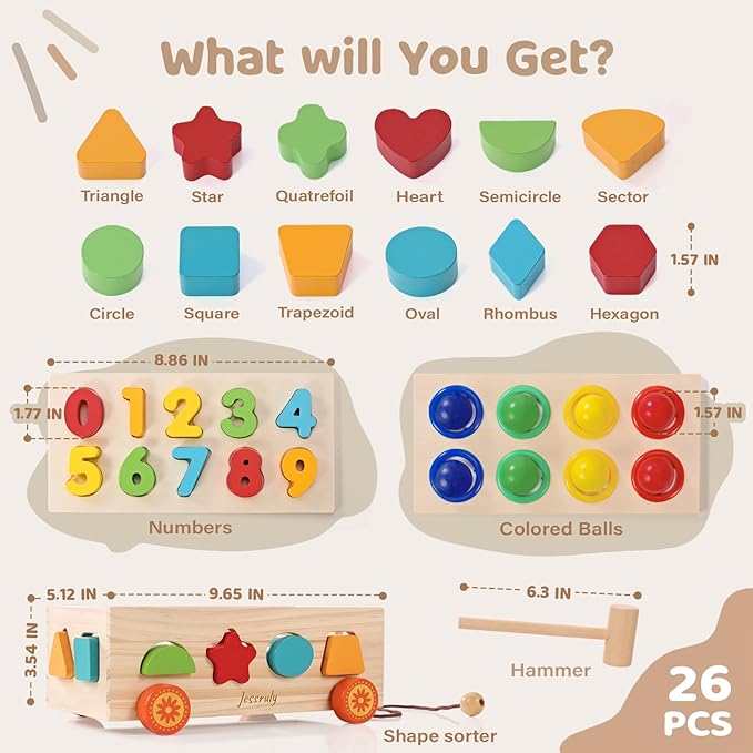 Shape Sorter - Wooden Pound A Ball and Montessori Number Puzzle Set for Babies - Educational Sorting Game with Storage Car for Toddlers
