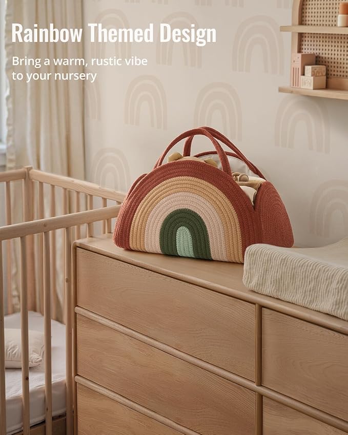 Blissful Diary Baby Diaper Caddy Organizer, Cotton Rope Diaper Caddy Basket, Large Storage Basket, Gift for Baby Shower, Newborn Essentials, Rustic Rainbow