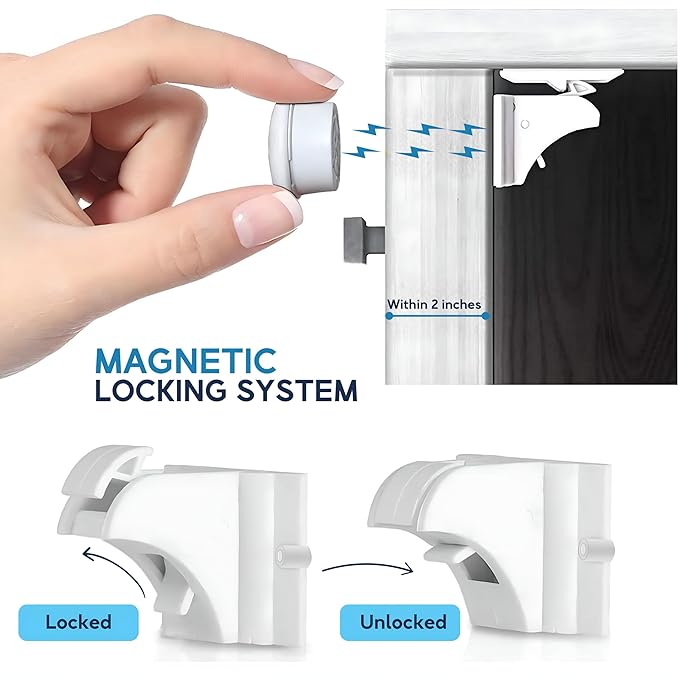 Magnetic Safety Lock Kit 24 Locks + 6 Keys, 3M Adhesive Easy Installation, Baby Proofing Magnetic Locks for Cabinets and Drawers