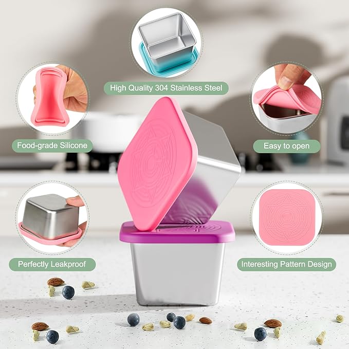 6-Pack 6oz Stainless Steel Snack Containers for Kids, Leak-Proof Metal Toddler Food Storage Containers with Silicone Lids & 64 Writable Labels, Stackable Lunch Box for School, Office, Picnic, Home