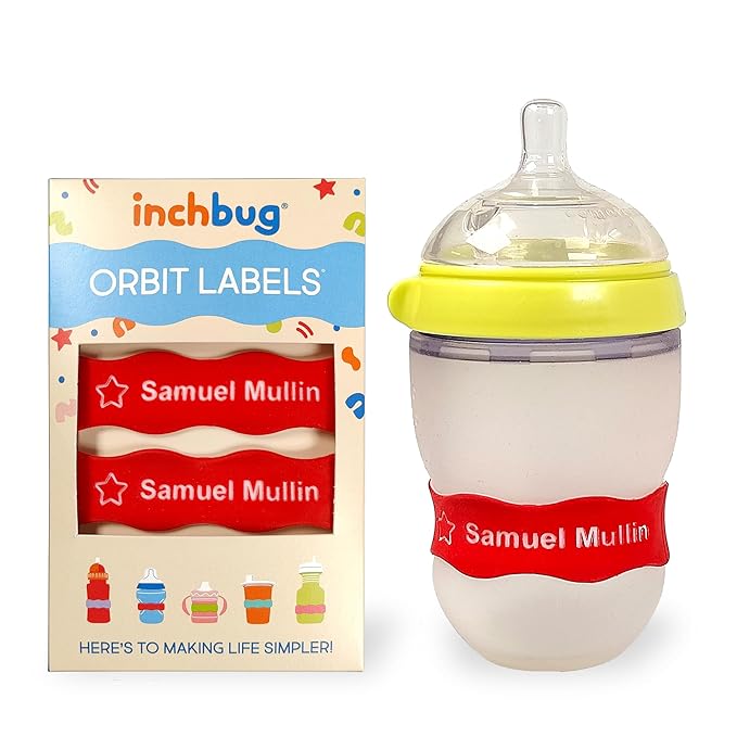 InchBug Orbit Labels Baby Bottle and Water Bottle Silicone Name Bands – Personalized Reusable Label Set for Daycare, Sippy Cups, Preschool, Elementary School, Dishwasher Safe, 4-Pack (Fire Truck Red)