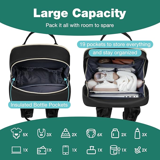 MOMUVO Diaper Backpack for Women Large Capacity with Insulated Pockets Diaper Bags For Baby Girl Boy Waterproof Baby Bags