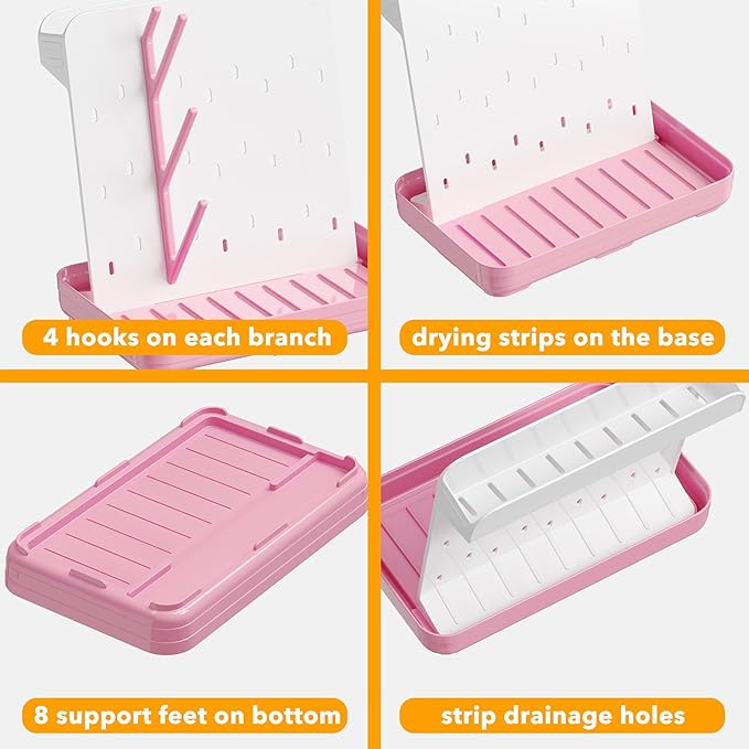 SpaceAid Baby Bottle Drying Rack with 20 Hooks, Space Saving Kitchen Bottles Rack Dryer, Vertical Baby Bottle Holder Organizer for Countertop Storage Accessories (White and Pink)