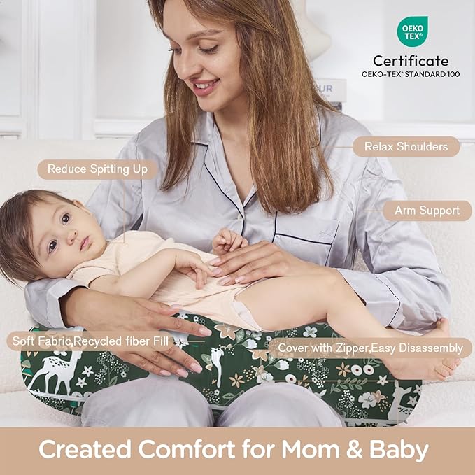 Little Grape Land Nursing Pillow,Upgraded Breast Feeding Pillow for Mom,Breastfeeding & Bottle Feeding for 0–13 Months, Soft Machine Washable Cover with firm breathable filling, Tummy Time,Forest Deer