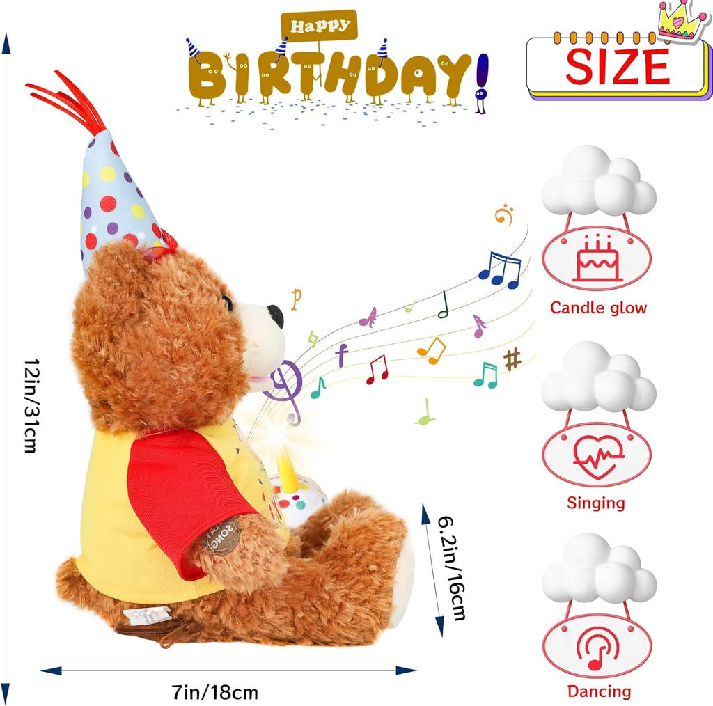 Singing Dancing Teddy Bear with Light Up Candle Playing Happy Birthday Song – Musical Interactive Plush Toy Stuffed Animal Birthday Gift for Kids Adults, 12”