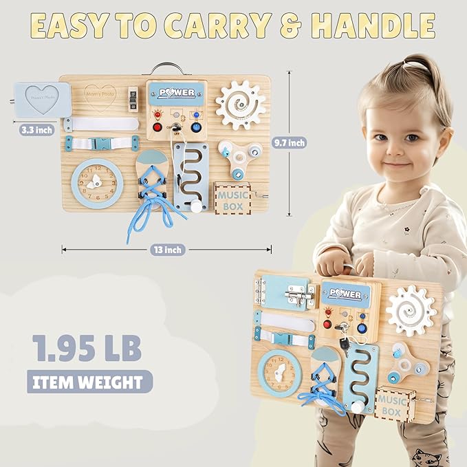 Joyreal Montessori Busy Board with LED Lights, Autism Sensory Travel Toys, Fidget Board Ideal Gift for Boys Girls Wooden Toddler Toys