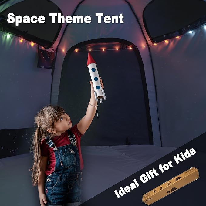 Portable Hexagon Kids Play Tent with LED Strip Lights Indoor Children Play House Easy Set-up Space Dream Tent for Night.4-5 Person Large Tents & Birthday Gifts