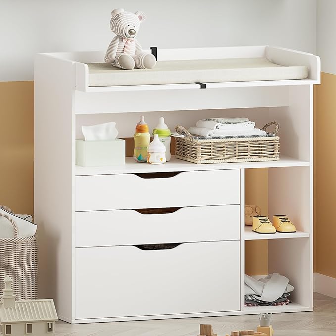 Pipleo Baby Changing Table Dresser with 3 Drawers and 3 Storage Shelves, Can be Used as a Baby Dresser with Changing Table Top, a Baby Changing Station, a Wood Diaper Changing Station (White)