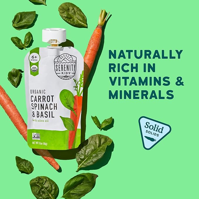 Serenity Kids 6+ Months Veggie Puree Baby Food Pouches - Carrot, Spinach & Basil - USDA Organic Baby Food & Allergen Free - No Added Sugar & BPA Free - 3.5 Oz, 12 Pack