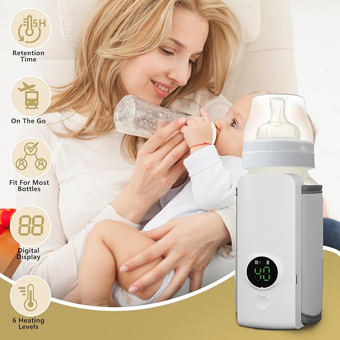 Portable Bottle Warmer for Travel, Baby Bottle Warmer On The Go, Fast Heating, Temperature Digital Display, USB Car Travel Bottle Warmer for Breastmilk and Formula