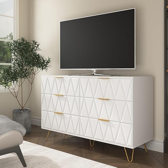 White Dresser for Bedroom,Modern 6 Drawer Dresser with Gold Handle and Leg,Wide Storage Chest of Drawers,Wood Dresser Bedroom Furniture,TV Dresser for Living Room