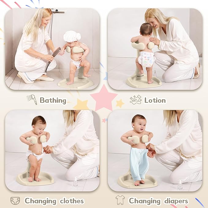 Baby Shower Stand, No-Assembly Baby Bath Stand with Enlarged Anti-Slip Base, Foldable Toddler Shower Standing Support, Soporte para Bañera de Bebe, Ideal Gift for Infant 6–36 Months (Brown)