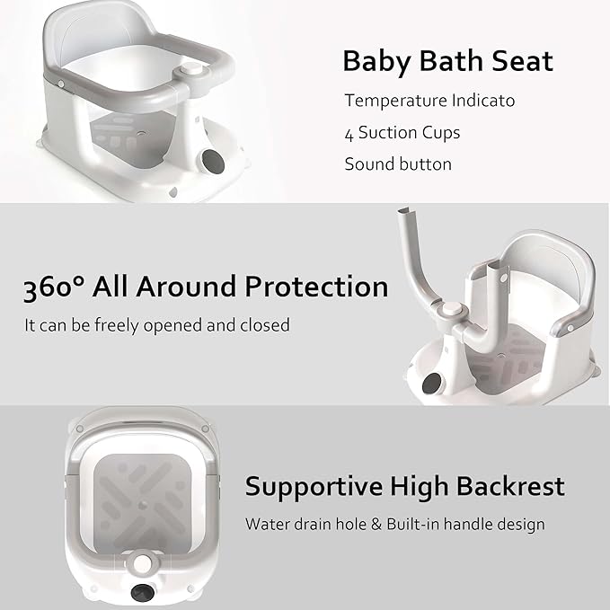 Baby Bath Seat for Infants 6 Months & Up - Adjustable Sitting up Bathtub Chair with Surround Design & Temperature Sensor, Non-Slip 4-Suction Base for Infant Bath Safety (Grey)