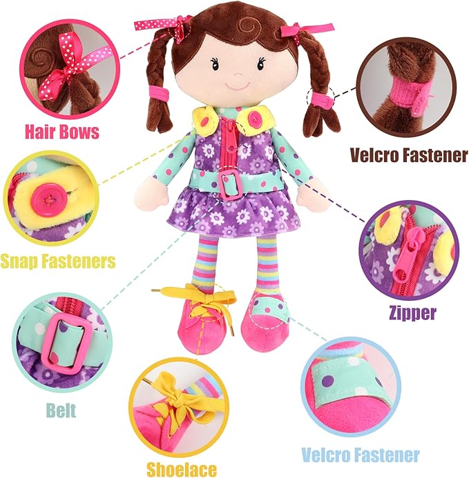 Sugar Snap Plush Doll for Toddlers Learn to Dress Montessori Toy - Dress Me Doll - Zipper, Snaps, Buttons, Buckle - Educational Toy for 2 3 Year Old Girl - Montessori Doll - 15" - Purple Dress