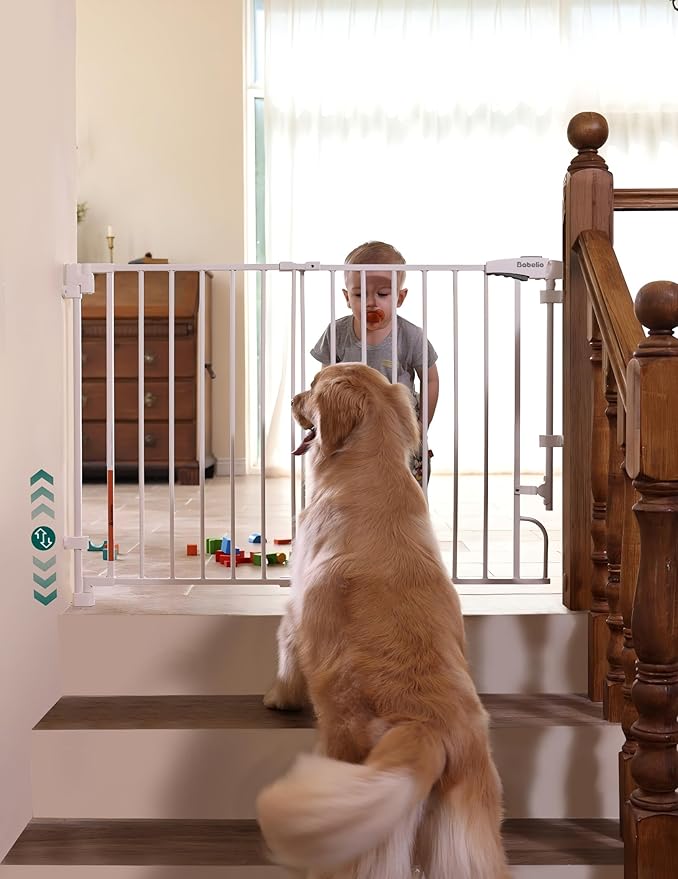 Babelio Easy to Remove & No Bottom Bar Baby Gate, 29-43", 36" H Extra Tall Hardware Mounted (Drill Needed)| Wide Walk-Thru| Auto-Close Safety Dog/Pet Gate for Stairs & Doorways (White)