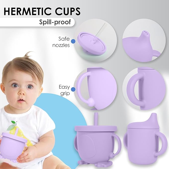 Bluet B- Silicone Baby Feeding Set with Pacifier - Baby Led Weaning Supplies - Baby Spoons, Suction Bowl - Plate - Baby Utensils Set - Silicone Feeding Set for Baby First Foods - 11pcs - Purple