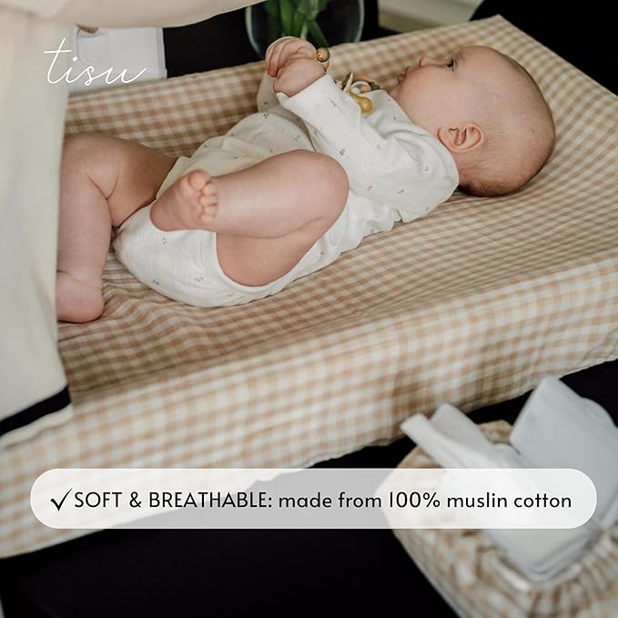 Baby Wipes Cover – Universal Size, One Size Fits All Wipes Packages | Muslin Cotton Tissue Cover for Nursery, Diaper Bag & Changing Table, Station | Gingham & Neutral Patterns (Beige Gingham)