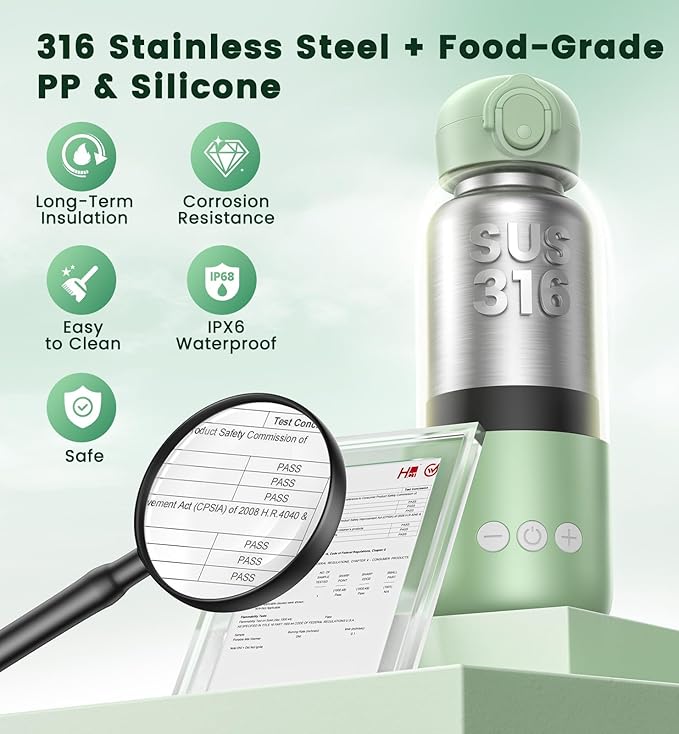 Portable Bottle Warmer for Travel 12oz– 80W Fast Heating, 316 Stainless Steel, 11400mAh Rechargeable Precise Temp Control & LED Display Safety Lock Cordless Travel Warmer for Baby Breastmilk & Formula